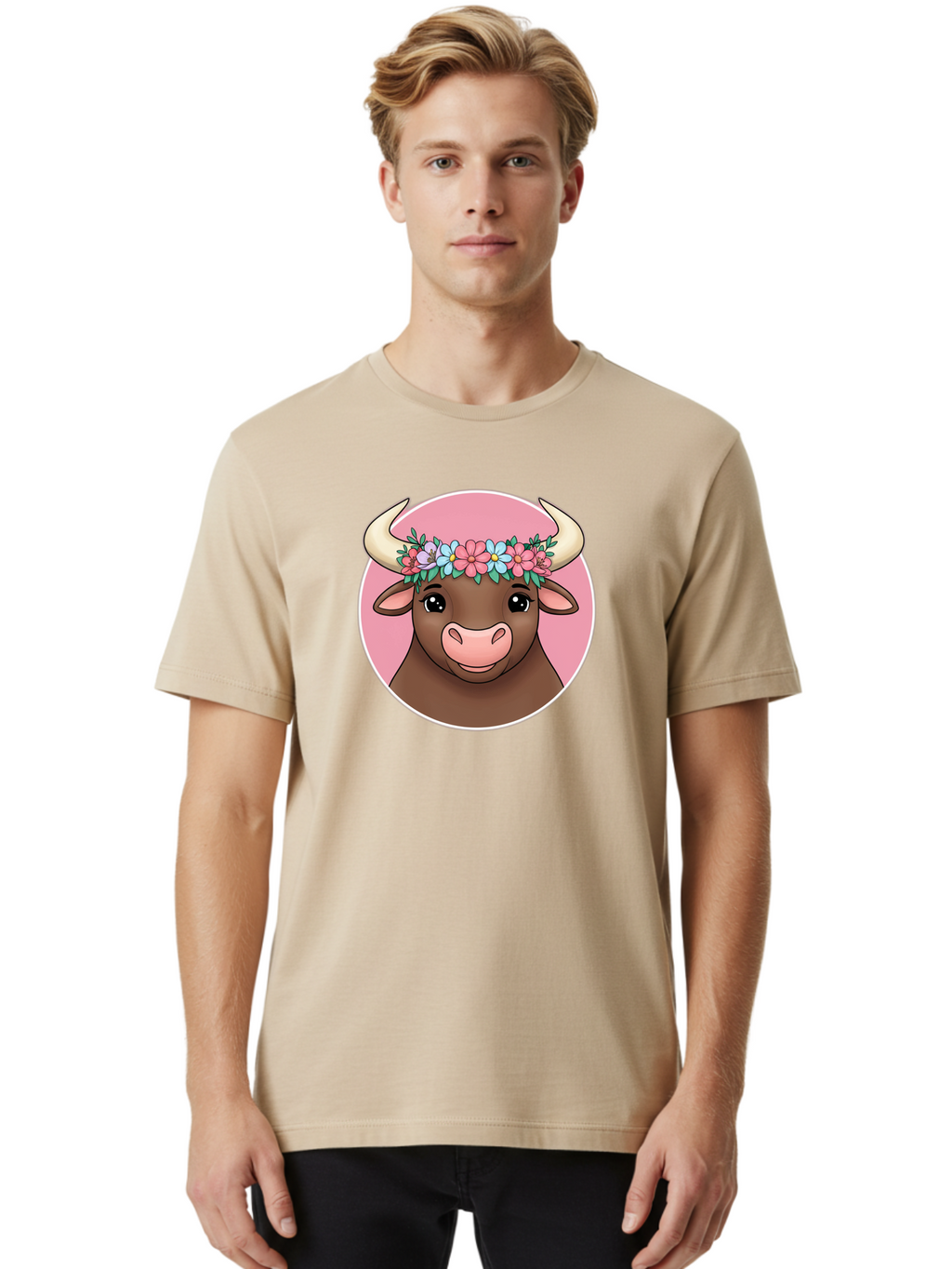 Cute-Bull-With-Flowers Men'S Graphic Tee, 100% Cotton, Comfortable Casual Summer Wear, Machine Washable, Cartoon Bull, Floral Wreath, Cute Animal, Pastel Colors, Adorable Illustration, Charming Design, Whimsical Art, Lovely Cow, Bae169