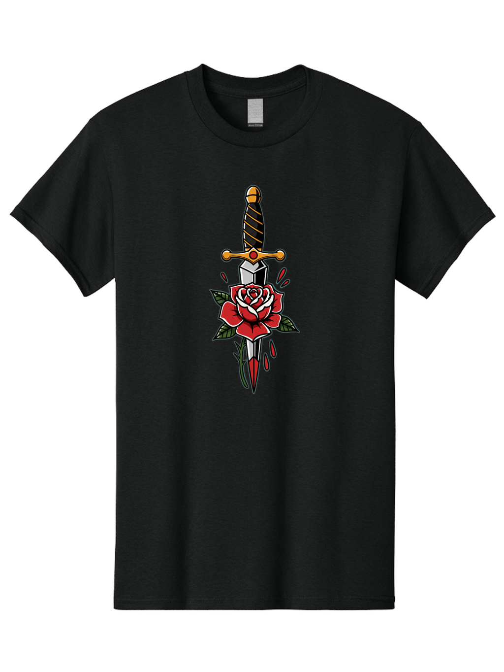 Dagger-And-Rose-1 Men'S Graphic Tee, 100% Cotton, Comfortable Casual Summer Wear, Machine Washable, Dagger Piercing Rose, Red Rose, Sharp Dagger, Blood Splatter, Body Art, Tattoo Art, Traditional Tattoo, Bold Lines, Vibrant Red Bae170