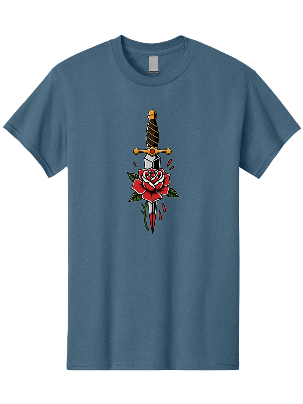 Dagger-And-Rose-1 Men'S Graphic Tee, 100% Cotton, Comfortable Casual Summer Wear, Machine Washable, Dagger Piercing Rose, Red Rose, Sharp Dagger, Blood Splatter, Body Art, Tattoo Art, Traditional Tattoo, Bold Lines, Vibrant Red Bae170