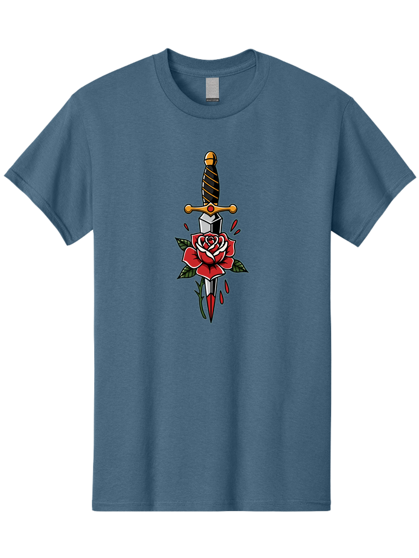 Dagger-And-Rose-1 Men'S Graphic Tee, 100% Cotton, Comfortable Casual Summer Wear, Machine Washable, Dagger Piercing Rose, Red Rose, Sharp Dagger, Blood Splatter, Body Art, Tattoo Art, Traditional Tattoo, Bold Lines, Vibrant Red Bae170