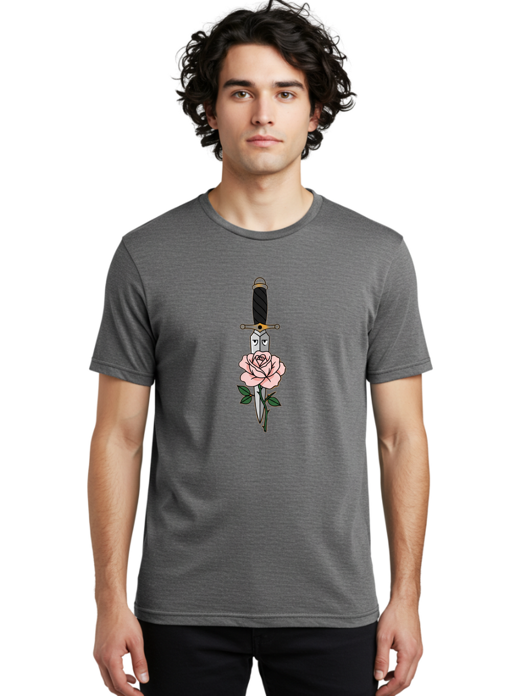 Dagger-And-Rose Men'S Graphic Tee, 100% Cotton, Comfortable Casual Summer Wear, Machine Washable, Dagger Piercing A Rose, Tattoo Art, Floral Design, Sharp Blade, Pink Rose, Gothic Style, Symbolic Imagery, Traditional Tattoo, Bae171