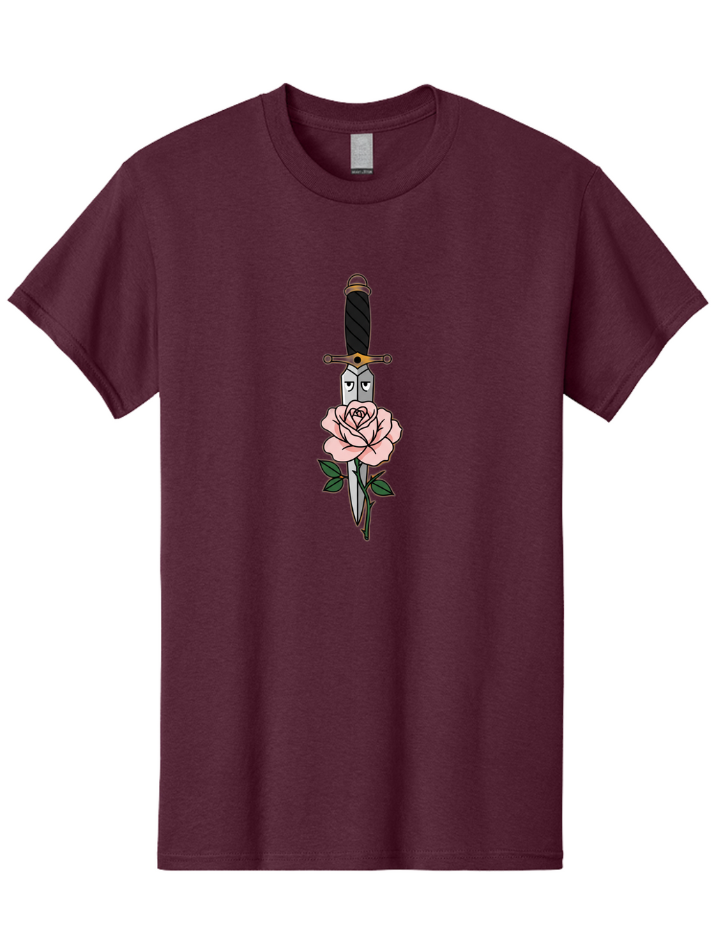 Dagger-And-Rose Men'S Graphic Tee, 100% Cotton, Comfortable Casual Summer Wear, Machine Washable, Dagger Piercing A Rose, Tattoo Art, Floral Design, Sharp Blade, Pink Rose, Gothic Style, Symbolic Imagery, Traditional Tattoo, Bae171