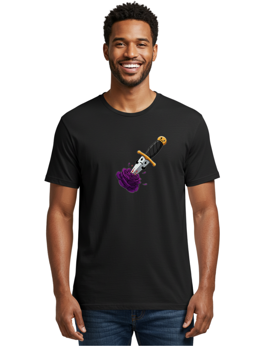 Dagger-With-Face Men'S Graphic Tee, 100% Cotton, Comfortable Casual Summer Wear, Machine Washable, Dagger With Face, Purple Rose, Cartoon Dagger, Stabbed Rose, Gold Hilt, Black Handle, Facial Expression, Floral Imagery, Symbolic Violence, Bae172