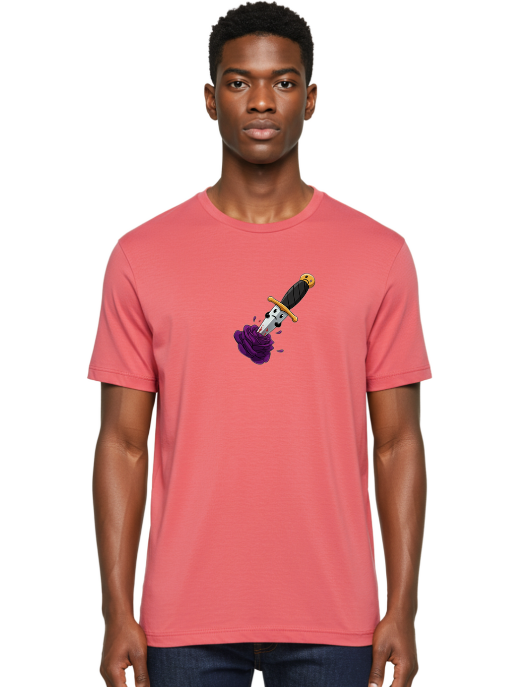 Dagger-With-Face Men'S Graphic Tee, 100% Cotton, Comfortable Casual Summer Wear, Machine Washable, Dagger With Face, Purple Rose, Cartoon Dagger, Stabbed Rose, Gold Hilt, Black Handle, Facial Expression, Floral Imagery, Symbolic Violence, Bae172