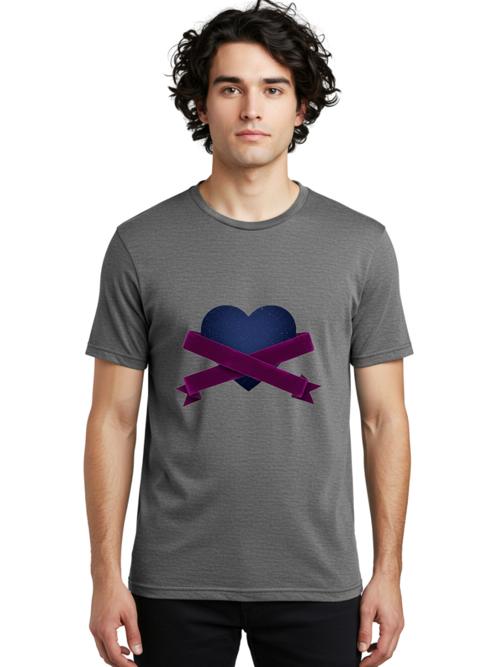 Dark-Heart-With-Ribbon Men'S Graphic Tee, 100% Cotton, Comfortable Casual Summer Wear, Machine Washable, Dark Heart, Purple Ribbon, Heart Shape, Velvet Texture, Symbol Of Love, Mourning Symbol, Grunge Style, Edgy Aesthetic, Dark Romance Bae173
