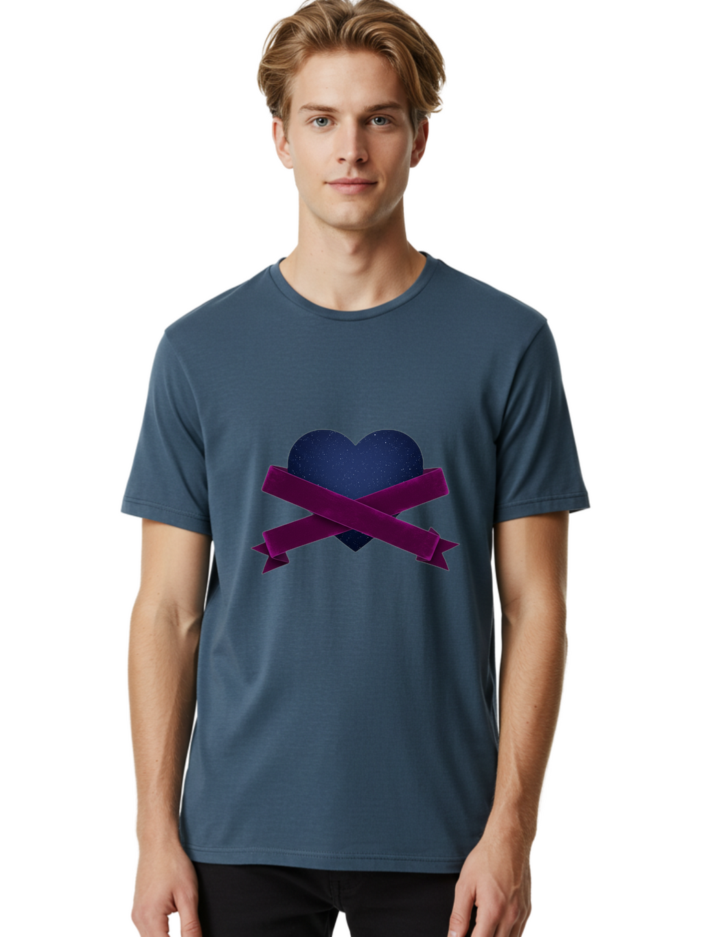 Dark-Heart-With-Ribbon Men'S Graphic Tee, 100% Cotton, Comfortable Casual Summer Wear, Machine Washable, Dark Heart, Purple Ribbon, Heart Shape, Velvet Texture, Symbol Of Love, Mourning Symbol, Grunge Style, Edgy Aesthetic, Dark Romance Bae173