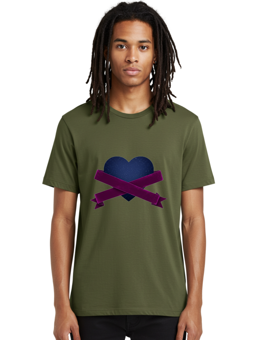 Dark-Heart-With-Ribbon Men'S Graphic Tee, 100% Cotton, Comfortable Casual Summer Wear, Machine Washable, Dark Heart, Purple Ribbon, Heart Shape, Velvet Texture, Symbol Of Love, Mourning Symbol, Grunge Style, Edgy Aesthetic, Dark Romance Bae173