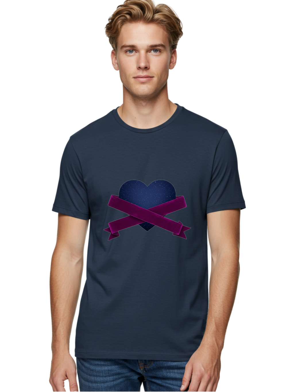 Dark-Heart-With-Ribbon Men'S Graphic Tee, 100% Cotton, Comfortable Casual Summer Wear, Machine Washable, Dark Heart, Purple Ribbon, Heart Shape, Velvet Texture, Symbol Of Love, Mourning Symbol, Grunge Style, Edgy Aesthetic, Dark Romance Bae173