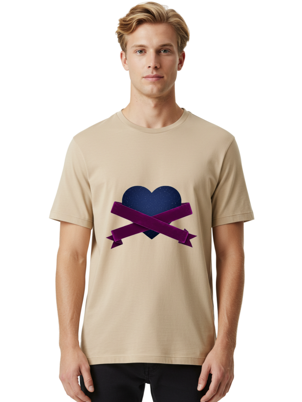 Dark-Heart-With-Ribbon Men'S Graphic Tee, 100% Cotton, Comfortable Casual Summer Wear, Machine Washable, Dark Heart, Purple Ribbon, Heart Shape, Velvet Texture, Symbol Of Love, Mourning Symbol, Grunge Style, Edgy Aesthetic, Dark Romance Bae173