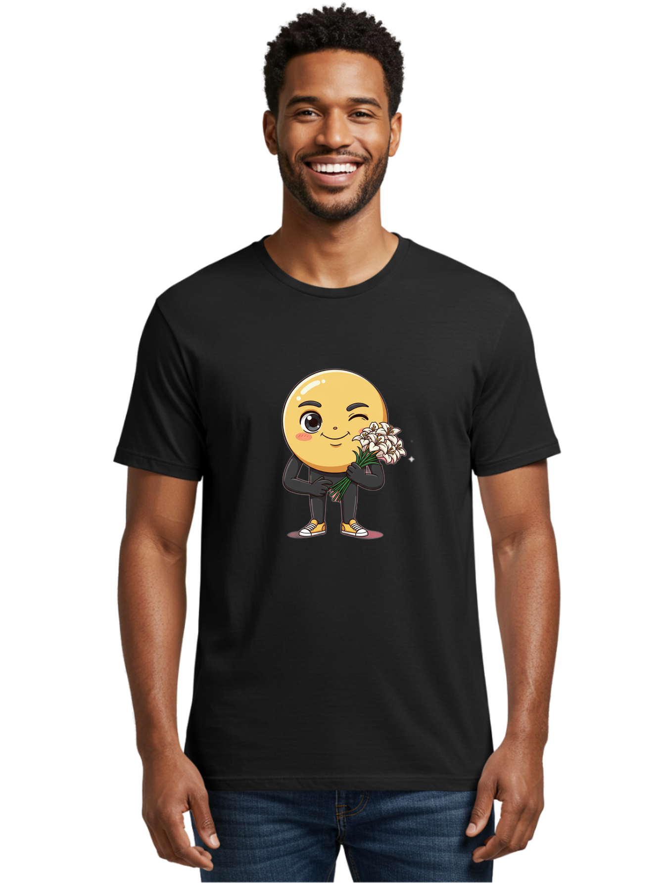 Eggplant-Emoji Men'S Graphic Tee, 100% Cotton, Comfortable Casual Summer Wear, Machine Washable, Happy Face, Cartoon Character, Holding Flowers, Smiley Emoticon, Winking Face, Cute Illustration, White Flowers, Black Outfit, Smiling Face, Bae176