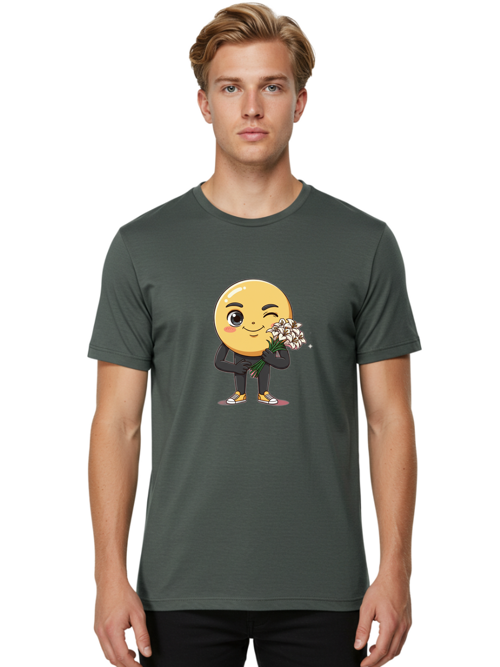 Eggplant-Emoji Men'S Graphic Tee, 100% Cotton, Comfortable Casual Summer Wear, Machine Washable, Happy Face, Cartoon Character, Holding Flowers, Smiley Emoticon, Winking Face, Cute Illustration, White Flowers, Black Outfit, Smiling Face, Bae176