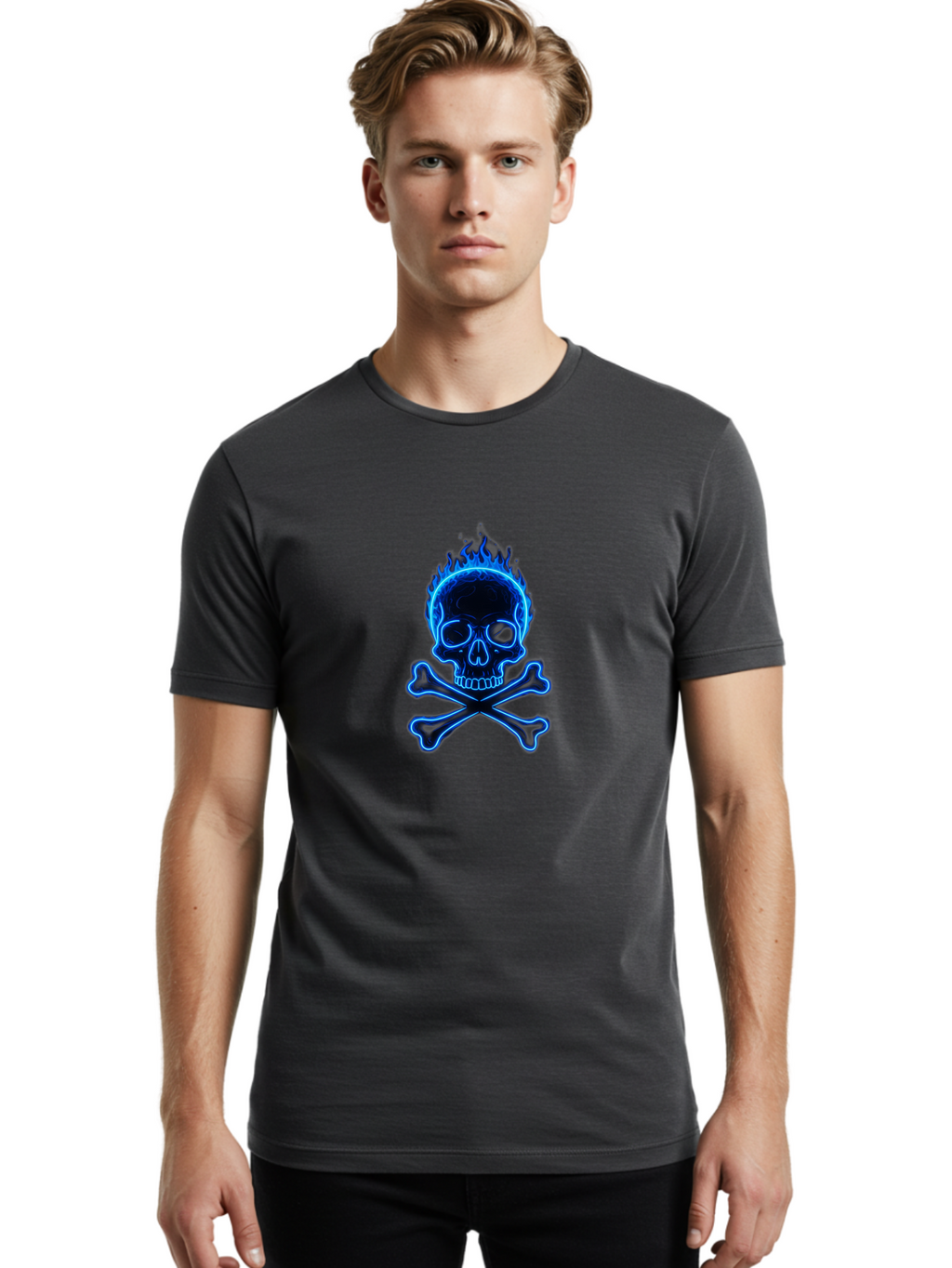 Flaming-Skull-And-Crossbones Men'S Graphic Tee, 100% Cotton, Comfortable Casual Summer Wear, Machine Washable, Skull And Crossbones, Danger Symbol, Death Sign, Pirate Flag, Toxic Warning, Hazardous Materials, Neon Effect, Glowing Blue, Bae177