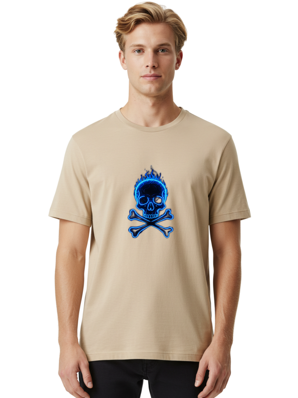 Flaming-Skull-And-Crossbones Men'S Graphic Tee, 100% Cotton, Comfortable Casual Summer Wear, Machine Washable, Skull And Crossbones, Danger Symbol, Death Sign, Pirate Flag, Toxic Warning, Hazardous Materials, Neon Effect, Glowing Blue, Bae177