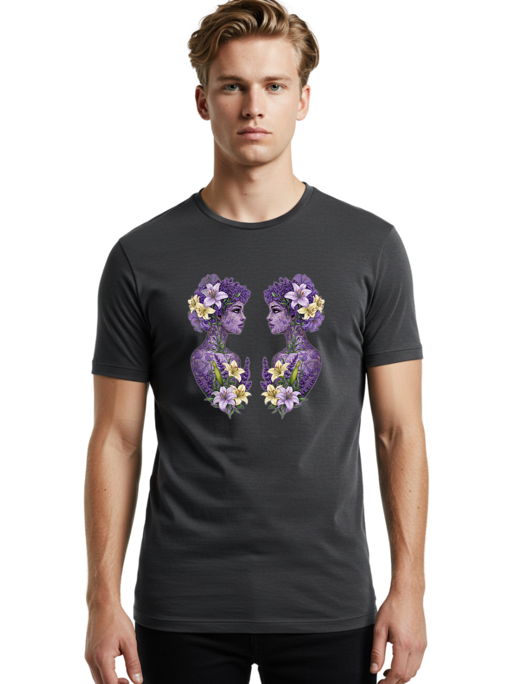 Floral-Twin-Profiles Men'S Graphic Tee, 100% Cotton, Comfortable Casual Summer Wear, Machine Washable, Female Profiles, Floral Crowns, Lilies, Lavender, Purple Flowers, Body Art, Nature-Inspired Design, Symbolic Imagery, Purple Tones, Bae180