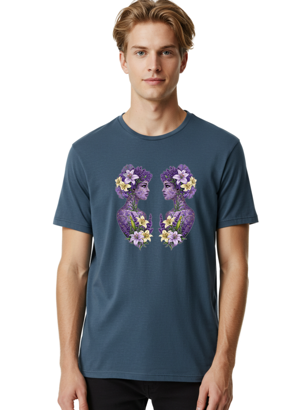 Floral-Twin-Profiles Men'S Graphic Tee, 100% Cotton, Comfortable Casual Summer Wear, Machine Washable, Female Profiles, Floral Crowns, Lilies, Lavender, Purple Flowers, Body Art, Nature-Inspired Design, Symbolic Imagery, Purple Tones, Bae180