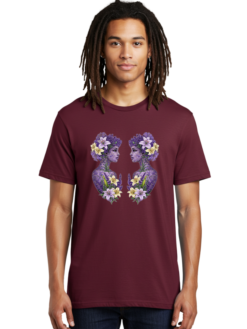 Floral-Twin-Profiles Men'S Graphic Tee, 100% Cotton, Comfortable Casual Summer Wear, Machine Washable, Female Profiles, Floral Crowns, Lilies, Lavender, Purple Flowers, Body Art, Nature-Inspired Design, Symbolic Imagery, Purple Tones, Bae180