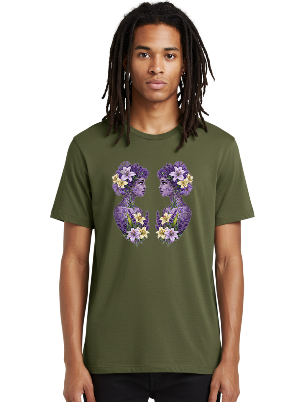 Floral-Twin-Profiles Men'S Graphic Tee, 100% Cotton, Comfortable Casual Summer Wear, Machine Washable, Female Profiles, Floral Crowns, Lilies, Lavender, Purple Flowers, Body Art, Nature-Inspired Design, Symbolic Imagery, Purple Tones, Bae180