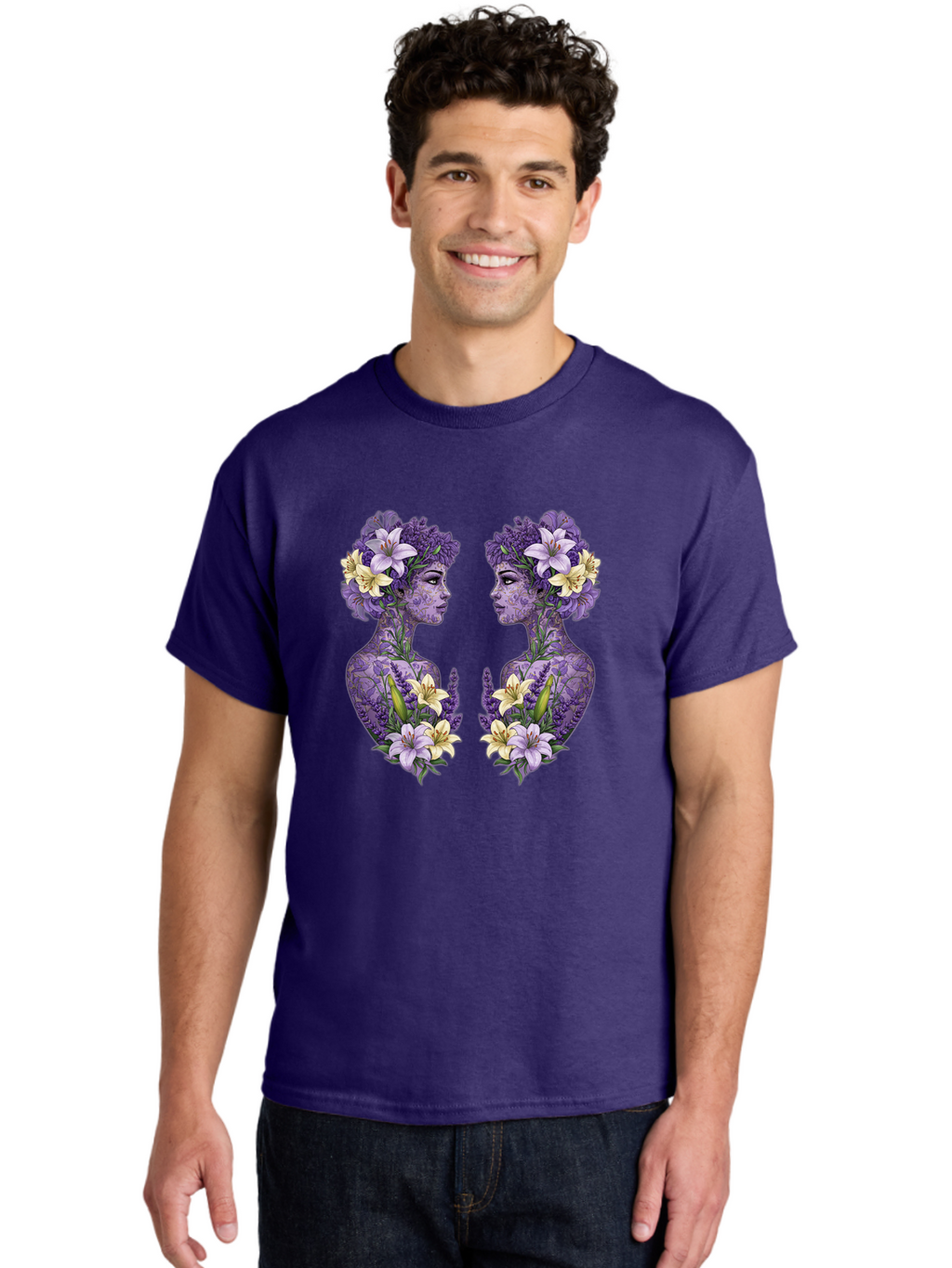 Floral-Twin-Profiles Men'S Graphic Tee, 100% Cotton, Comfortable Casual Summer Wear, Machine Washable, Female Profiles, Floral Crowns, Lilies, Lavender, Purple Flowers, Body Art, Nature-Inspired Design, Symbolic Imagery, Purple Tones, Bae180