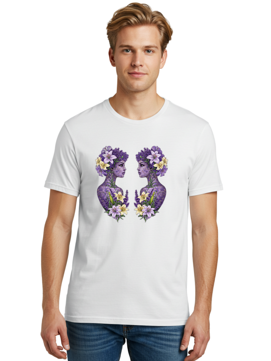 Floral-Twin-Profiles Men'S Graphic Tee, 100% Cotton, Comfortable Casual Summer Wear, Machine Washable, Female Profiles, Floral Crowns, Lilies, Lavender, Purple Flowers, Body Art, Nature-Inspired Design, Symbolic Imagery, Purple Tones, Bae180