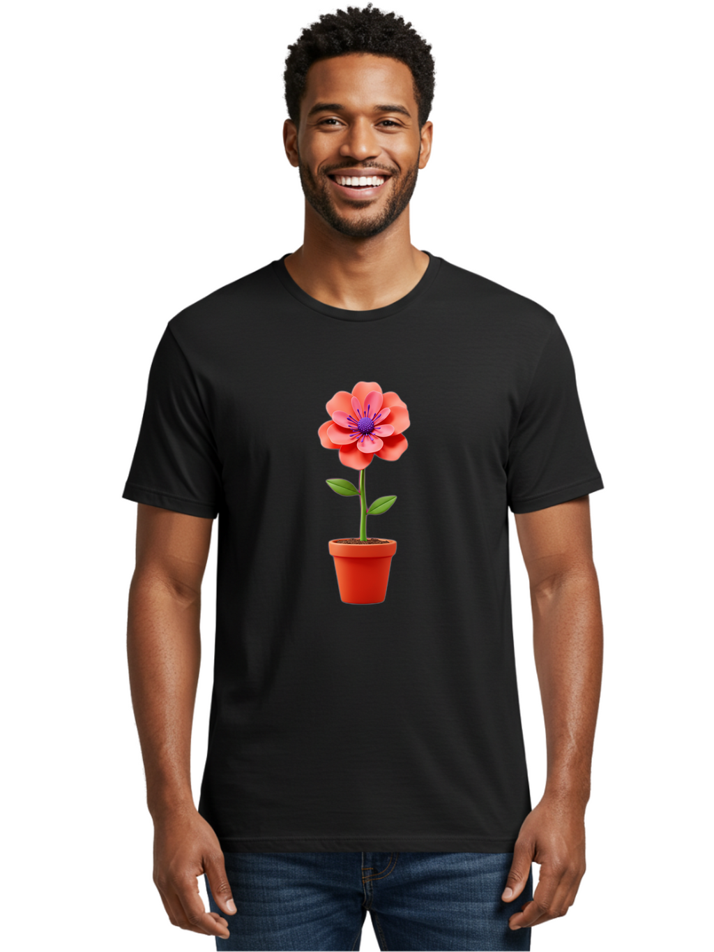 Flower-Pot Men'S Graphic Tee, 100% Cotton, Comfortable Casual Summer Wear, Machine Washable, Flower In Pot, Potted Plant, Pink Flower, Purple Center, Green Stem, Red Pot, Digital Illustration, Floral Design, Botanical Art, Garden Inspiration Bae181