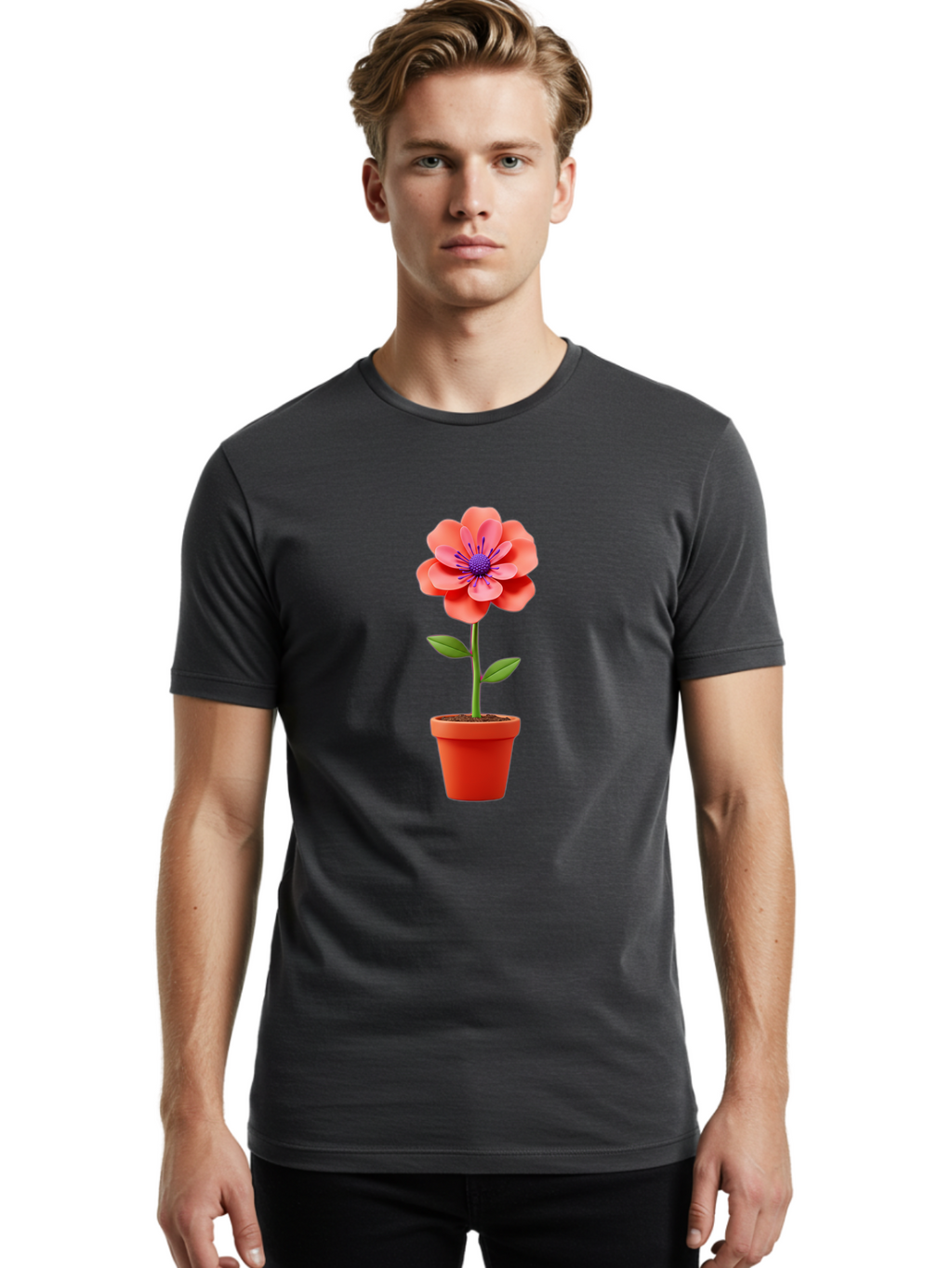 Flower-Pot Men'S Graphic Tee, 100% Cotton, Comfortable Casual Summer Wear, Machine Washable, Flower In Pot, Potted Plant, Pink Flower, Purple Center, Green Stem, Red Pot, Digital Illustration, Floral Design, Botanical Art, Garden Inspiration Bae181