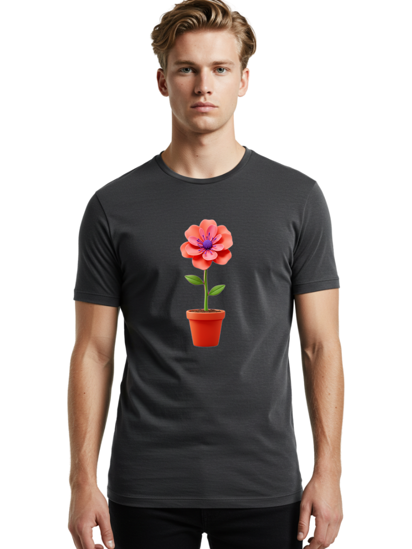 Flower-Pot Men'S Graphic Tee, 100% Cotton, Comfortable Casual Summer Wear, Machine Washable, Flower In Pot, Potted Plant, Pink Flower, Purple Center, Green Stem, Red Pot, Digital Illustration, Floral Design, Botanical Art, Garden Inspiration Bae181