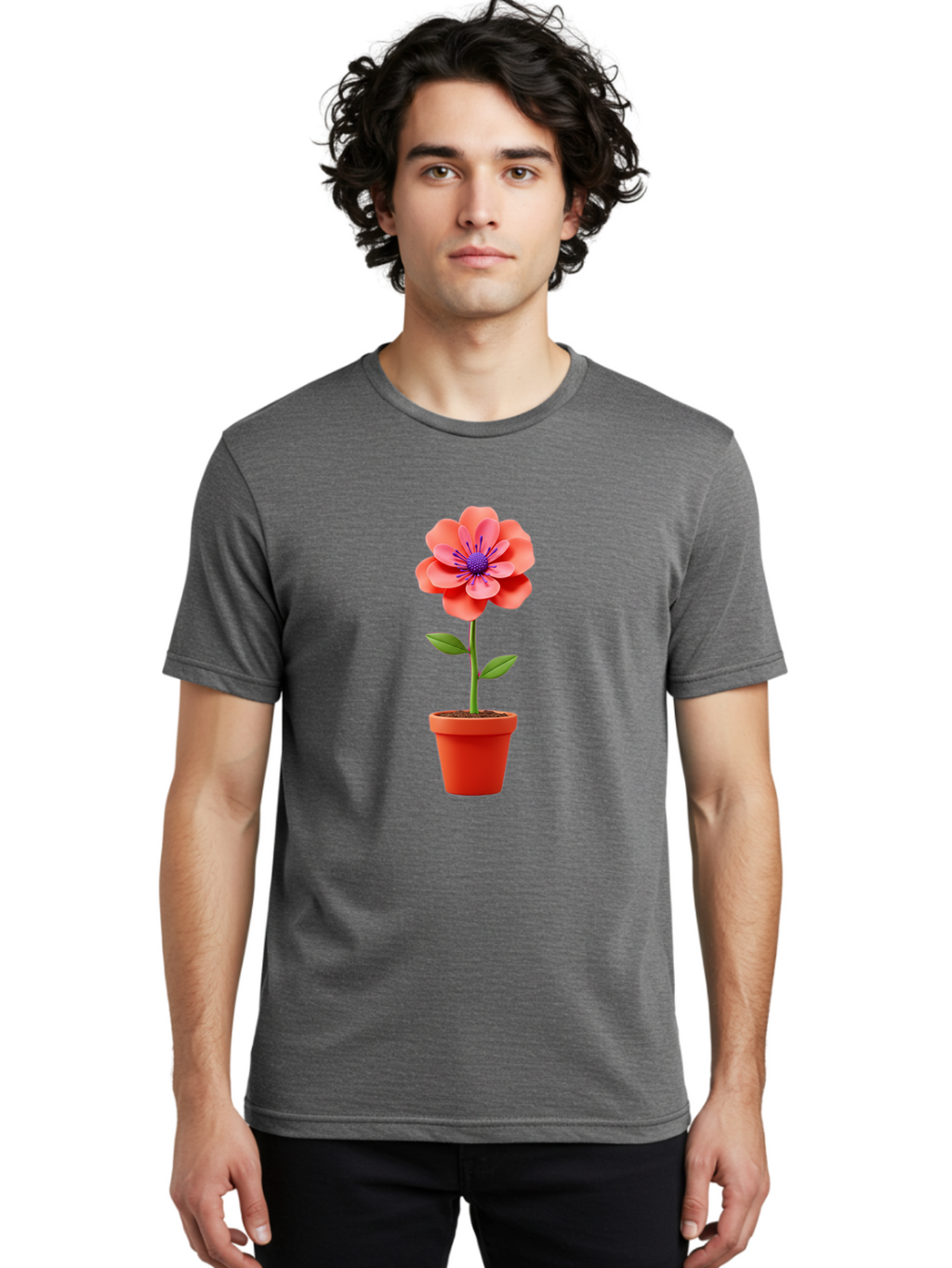 Flower-Pot Men'S Graphic Tee, 100% Cotton, Comfortable Casual Summer Wear, Machine Washable, Flower In Pot, Potted Plant, Pink Flower, Purple Center, Green Stem, Red Pot, Digital Illustration, Floral Design, Botanical Art, Garden Inspiration Bae181