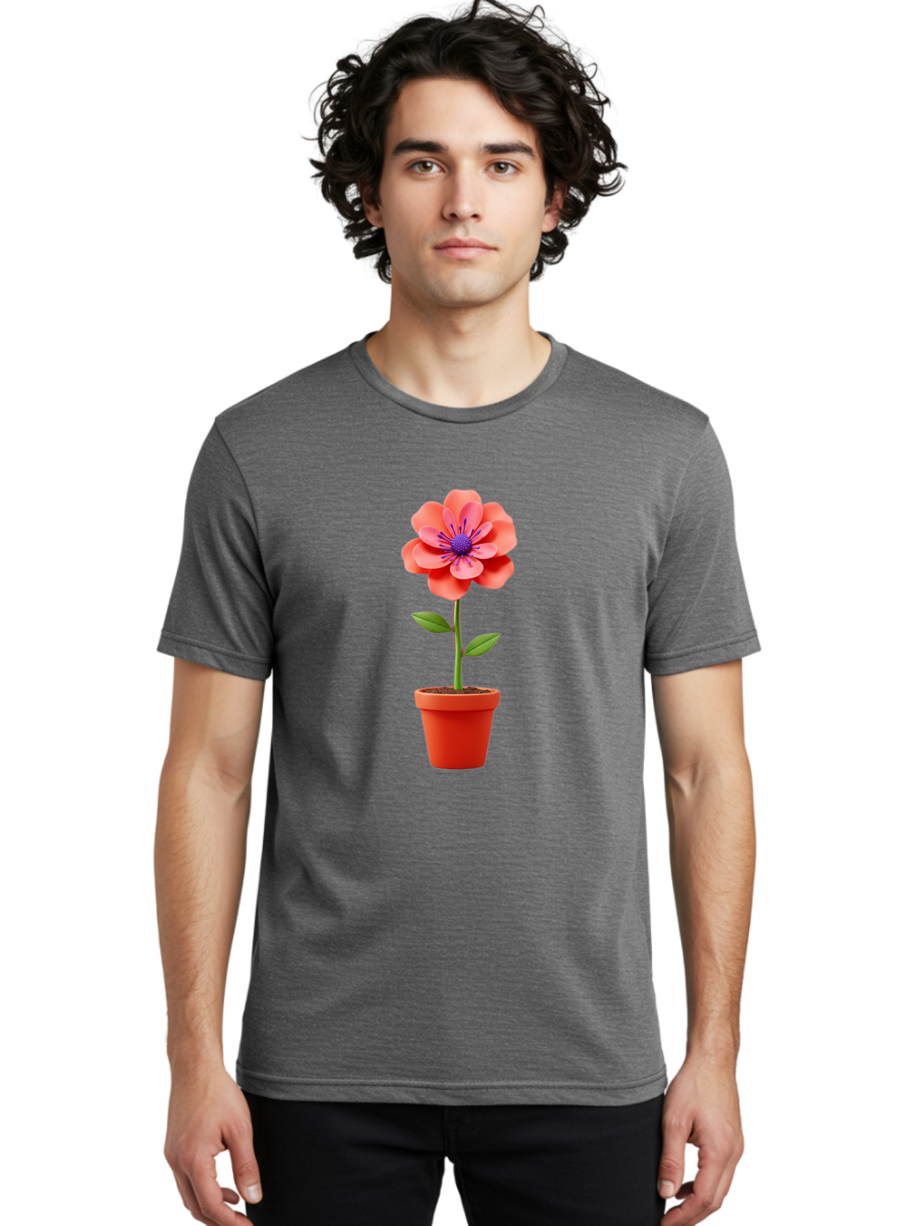 Flower-Pot Men'S Graphic Tee, 100% Cotton, Comfortable Casual Summer Wear, Machine Washable, Flower In Pot, Potted Plant, Pink Flower, Purple Center, Green Stem, Red Pot, Digital Illustration, Floral Design, Botanical Art, Garden Inspiration Bae181
