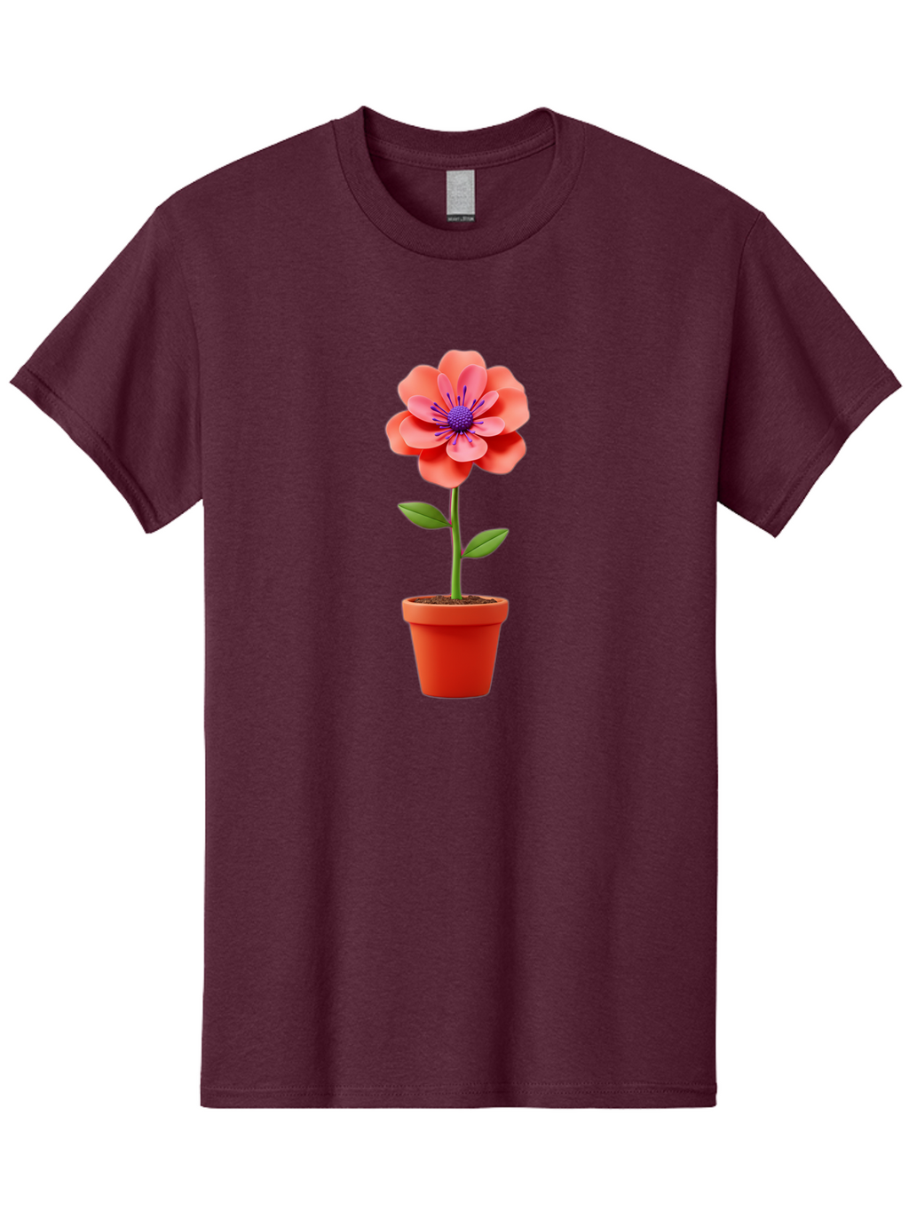 Flower-Pot Men'S Graphic Tee, 100% Cotton, Comfortable Casual Summer Wear, Machine Washable, Flower In Pot, Potted Plant, Pink Flower, Purple Center, Green Stem, Red Pot, Digital Illustration, Floral Design, Botanical Art, Garden Inspiration Bae181