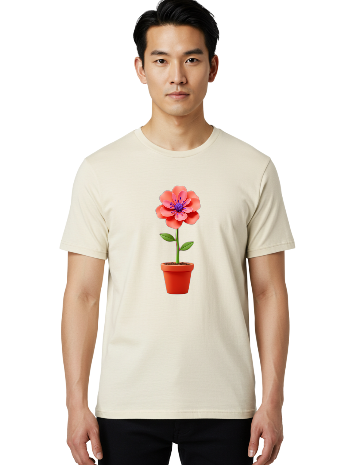 Flower-Pot Men'S Graphic Tee, 100% Cotton, Comfortable Casual Summer Wear, Machine Washable, Flower In Pot, Potted Plant, Pink Flower, Purple Center, Green Stem, Red Pot, Digital Illustration, Floral Design, Botanical Art, Garden Inspiration Bae181
