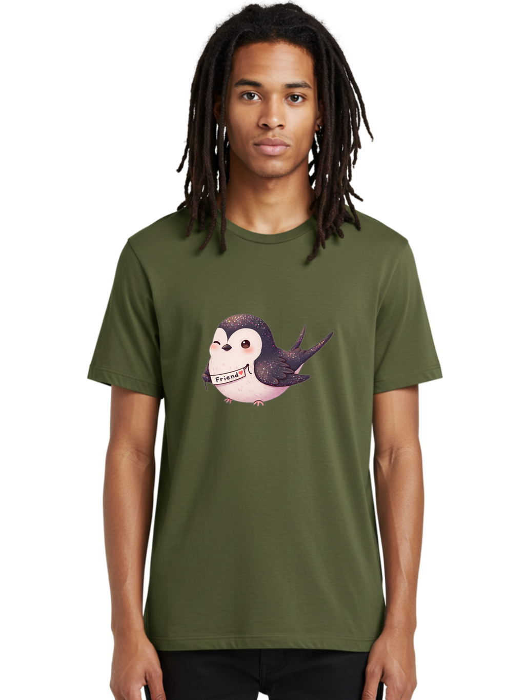 Friend Men'S Graphic Tee, 100% Cotton, Comfortable Casual Summer Wear, Machine Washable, Cartoon Bird, Friendship Symbol, Cute Animal, Bird Holding Sign, Sweet Gesture, Friendship Gift, Friendship Card, Adorable Illustration, Friendship Theme, Bae182