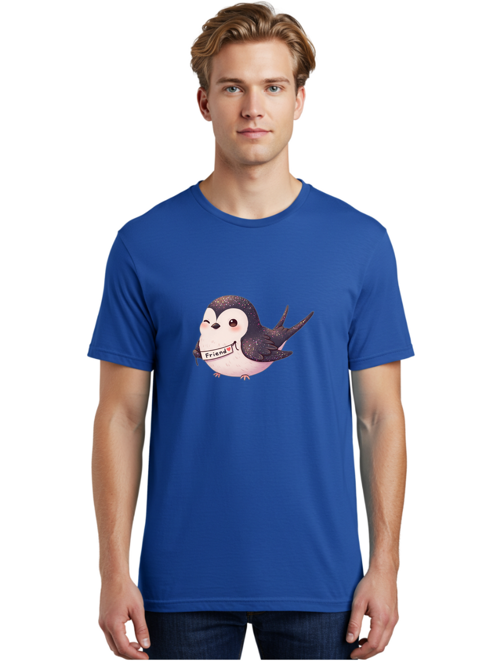 Friend Men'S Graphic Tee, 100% Cotton, Comfortable Casual Summer Wear, Machine Washable, Cartoon Bird, Friendship Symbol, Cute Animal, Bird Holding Sign, Sweet Gesture, Friendship Gift, Friendship Card, Adorable Illustration, Friendship Theme, Bae182