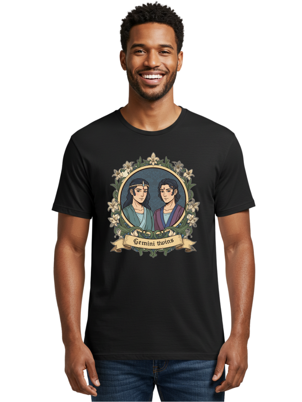 Gemini-Twins Men'S Graphic Tee, 100% Cotton, Comfortable Casual Summer Wear, Machine Washable, Gemini Twins, Astrological Sign, Zodiac Illustration, Twin Representation, Floral Wreath, Elegant Design, Symbolic Artwork, Mystical Symbols, Bae183