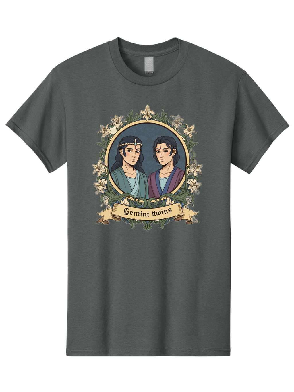 Gemini-Twins Men'S Graphic Tee, 100% Cotton, Comfortable Casual Summer Wear, Machine Washable, Gemini Twins, Astrological Sign, Zodiac Illustration, Twin Representation, Floral Wreath, Elegant Design, Symbolic Artwork, Mystical Symbols, Bae183