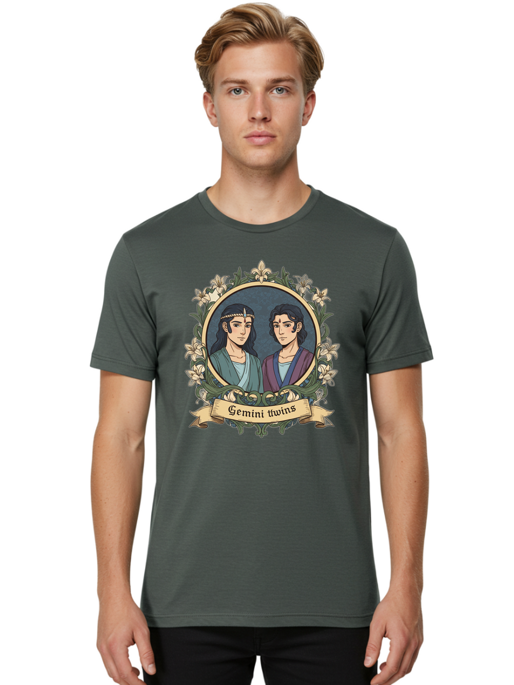 Gemini-Twins Men'S Graphic Tee, 100% Cotton, Comfortable Casual Summer Wear, Machine Washable, Gemini Twins, Astrological Sign, Zodiac Illustration, Twin Representation, Floral Wreath, Elegant Design, Symbolic Artwork, Mystical Symbols, Bae183