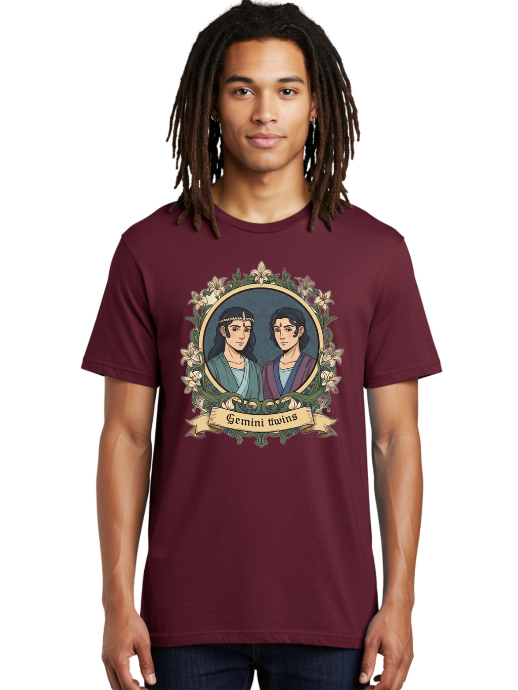 Gemini-Twins Men'S Graphic Tee, 100% Cotton, Comfortable Casual Summer Wear, Machine Washable, Gemini Twins, Astrological Sign, Zodiac Illustration, Twin Representation, Floral Wreath, Elegant Design, Symbolic Artwork, Mystical Symbols, Bae183