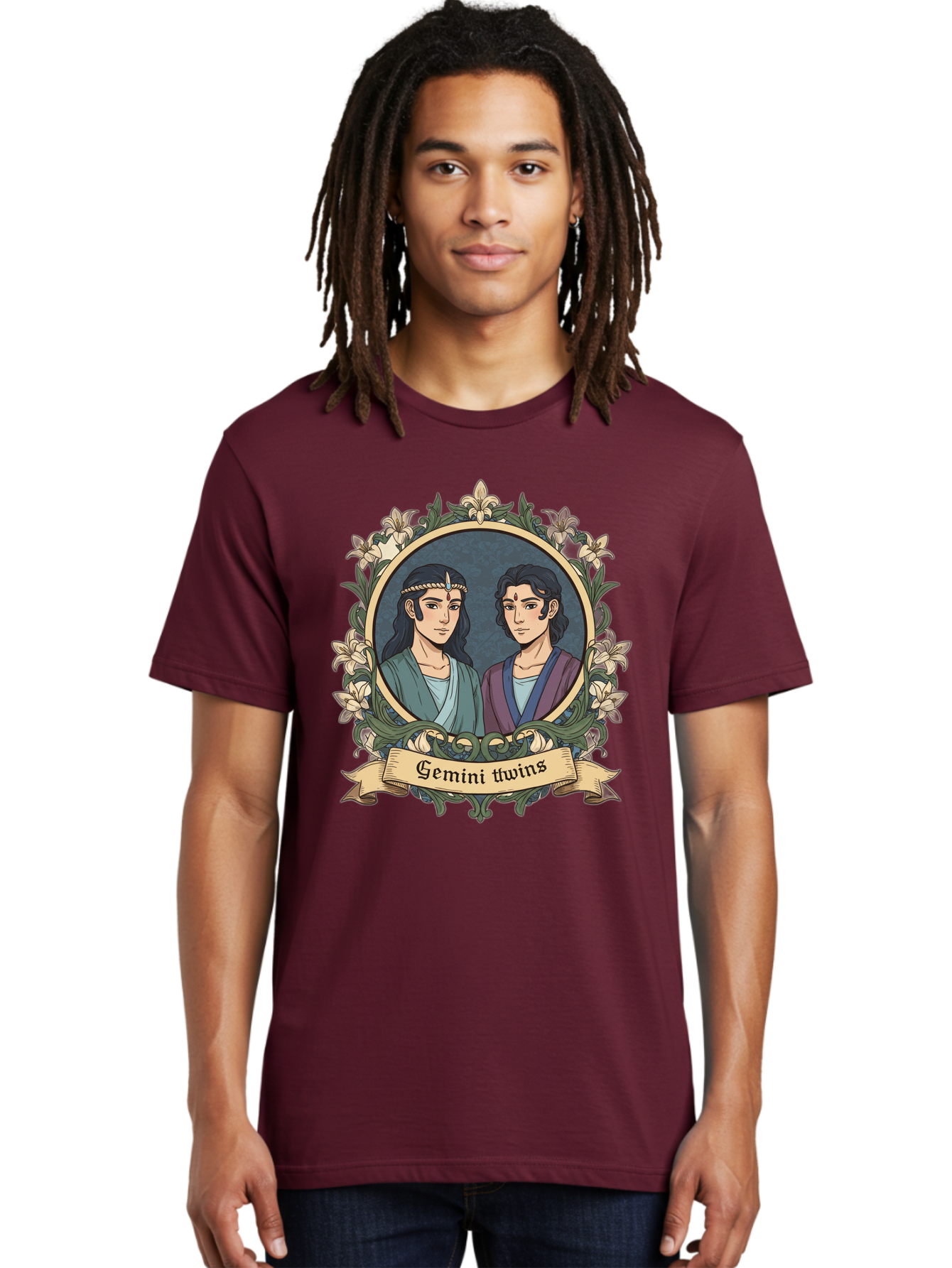 Gemini-Twins Men'S Graphic Tee, 100% Cotton, Comfortable Casual Summer Wear, Machine Washable, Gemini Twins, Astrological Sign, Zodiac Illustration, Twin Representation, Floral Wreath, Elegant Design, Symbolic Artwork, Mystical Symbols, Bae183
