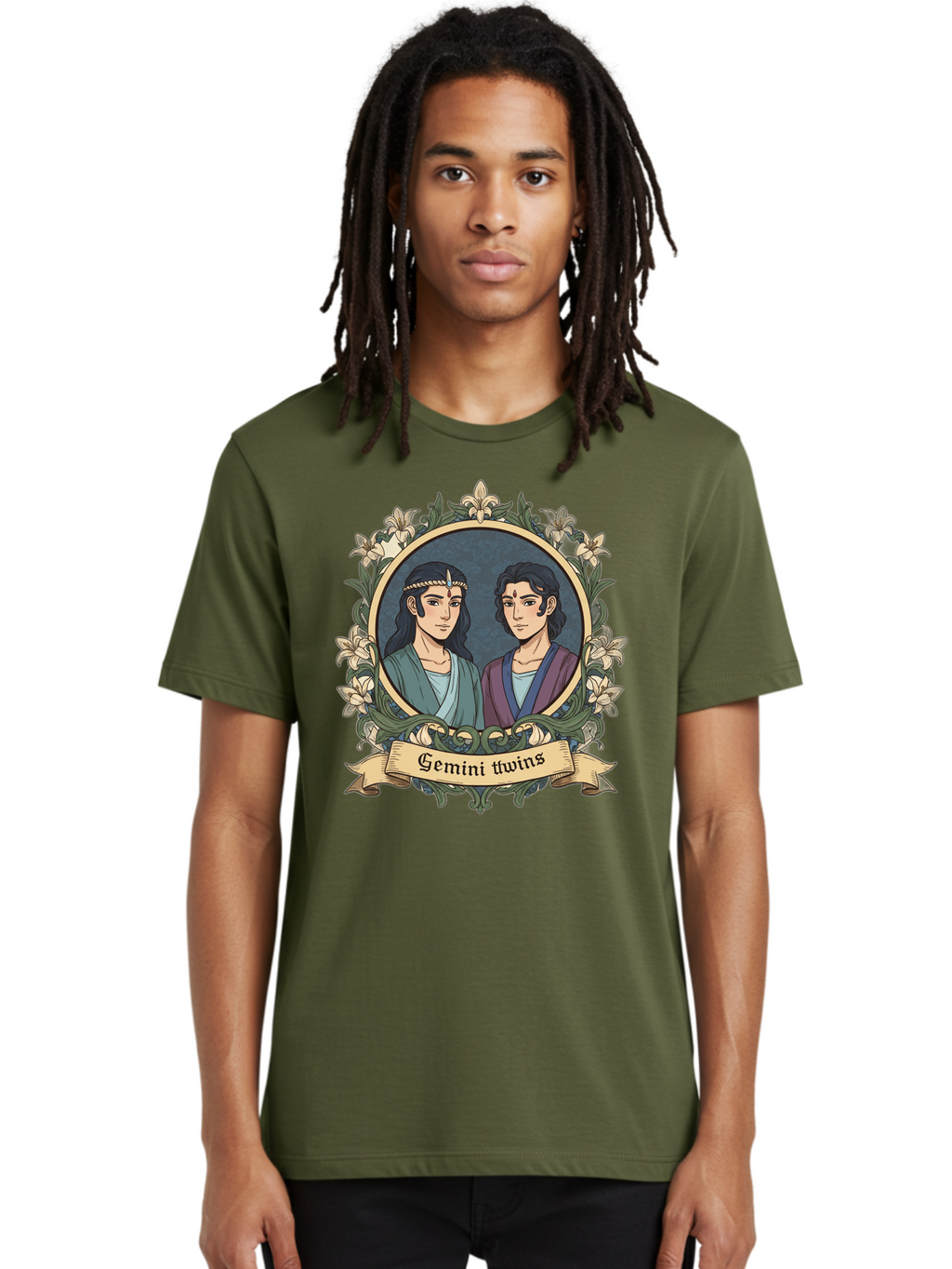 Gemini-Twins Men'S Graphic Tee, 100% Cotton, Comfortable Casual Summer Wear, Machine Washable, Gemini Twins, Astrological Sign, Zodiac Illustration, Twin Representation, Floral Wreath, Elegant Design, Symbolic Artwork, Mystical Symbols, Bae183