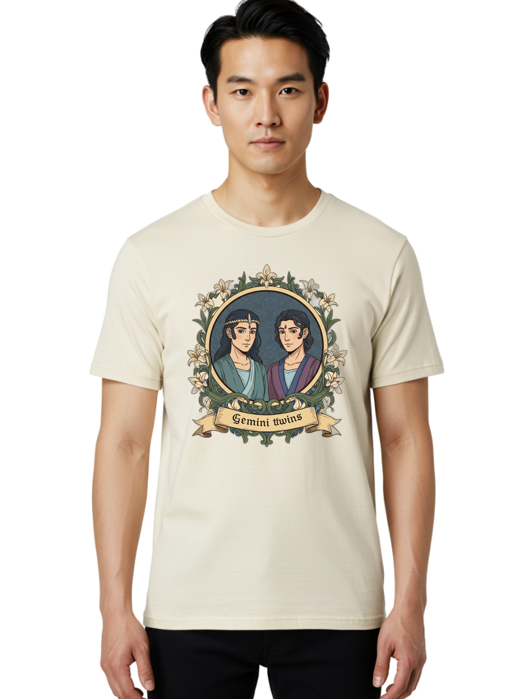 Gemini-Twins Men'S Graphic Tee, 100% Cotton, Comfortable Casual Summer Wear, Machine Washable, Gemini Twins, Astrological Sign, Zodiac Illustration, Twin Representation, Floral Wreath, Elegant Design, Symbolic Artwork, Mystical Symbols, Bae183