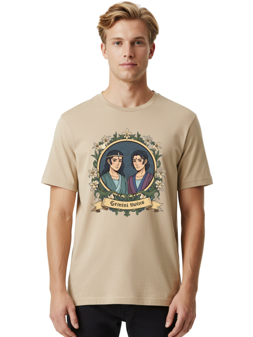 Gemini-Twins Men'S Graphic Tee, 100% Cotton, Comfortable Casual Summer Wear, Machine Washable, Gemini Twins, Astrological Sign, Zodiac Illustration, Twin Representation, Floral Wreath, Elegant Design, Symbolic Artwork, Mystical Symbols, Bae183