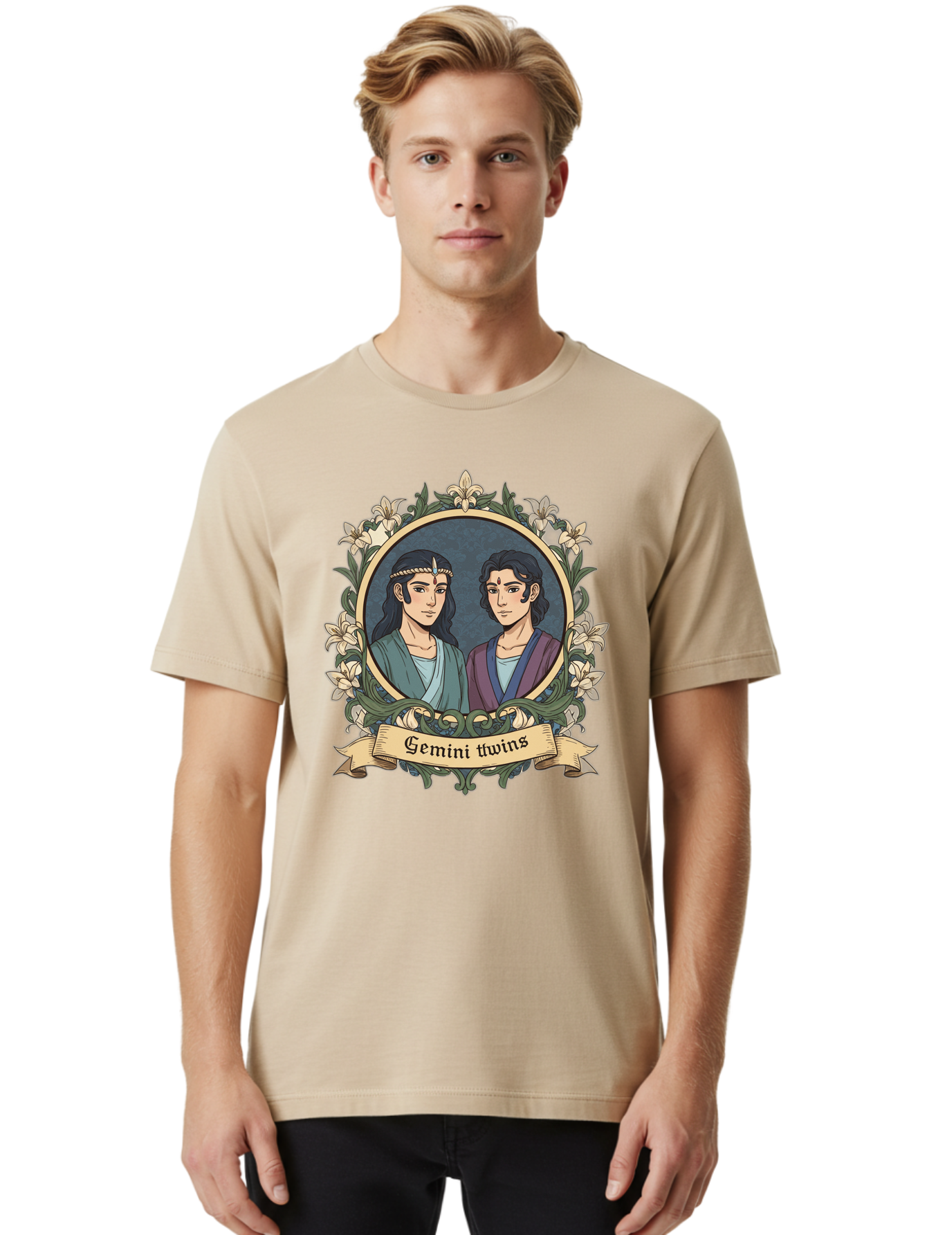 Gemini-Twins Men'S Graphic Tee, 100% Cotton, Comfortable Casual Summer Wear, Machine Washable, Gemini Twins, Astrological Sign, Zodiac Illustration, Twin Representation, Floral Wreath, Elegant Design, Symbolic Artwork, Mystical Symbols, Bae183