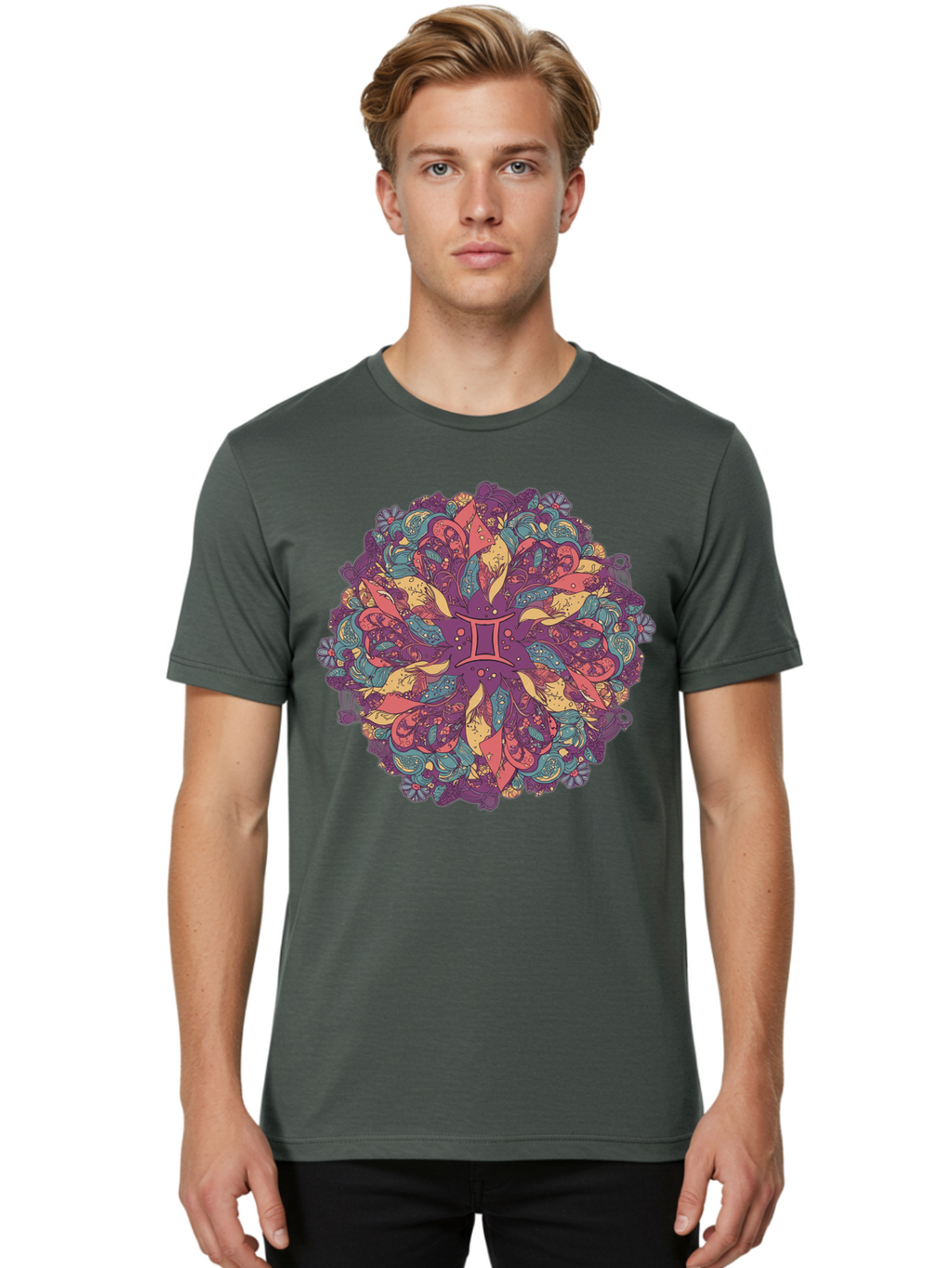 Gemini-Zodiac-Mandala Men'S Graphic Tee, 100% Cotton, Comfortable Casual Summer Wear, Machine Washable, Gemini Zodiac Symbol, Mandala Art, Floral Patterns, Paisley Designs, Purple, Pink, Blue, Yellow Hues, Intricate Details, Bohemian Style, Bae184
