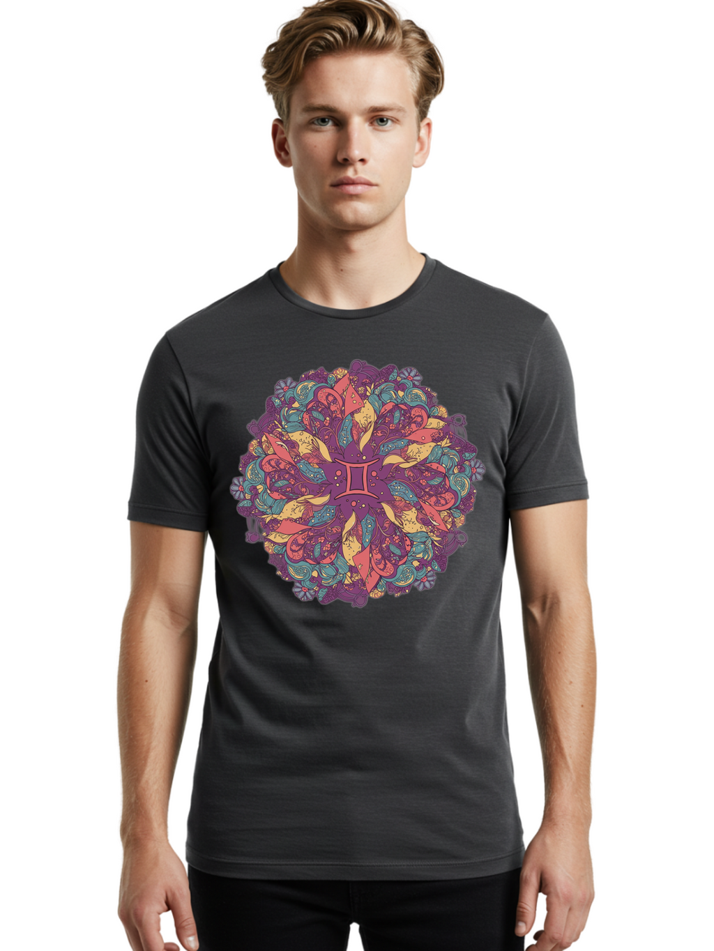 Gemini-Zodiac-Mandala Men'S Graphic Tee, 100% Cotton, Comfortable Casual Summer Wear, Machine Washable, Gemini Zodiac Symbol, Mandala Art, Floral Patterns, Paisley Designs, Purple, Pink, Blue, Yellow Hues, Intricate Details, Bohemian Style, Bae184