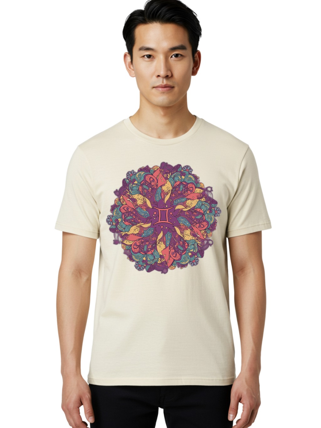 Gemini-Zodiac-Mandala Men'S Graphic Tee, 100% Cotton, Comfortable Casual Summer Wear, Machine Washable, Gemini Zodiac Symbol, Mandala Art, Floral Patterns, Paisley Designs, Purple, Pink, Blue, Yellow Hues, Intricate Details, Bohemian Style, Bae184