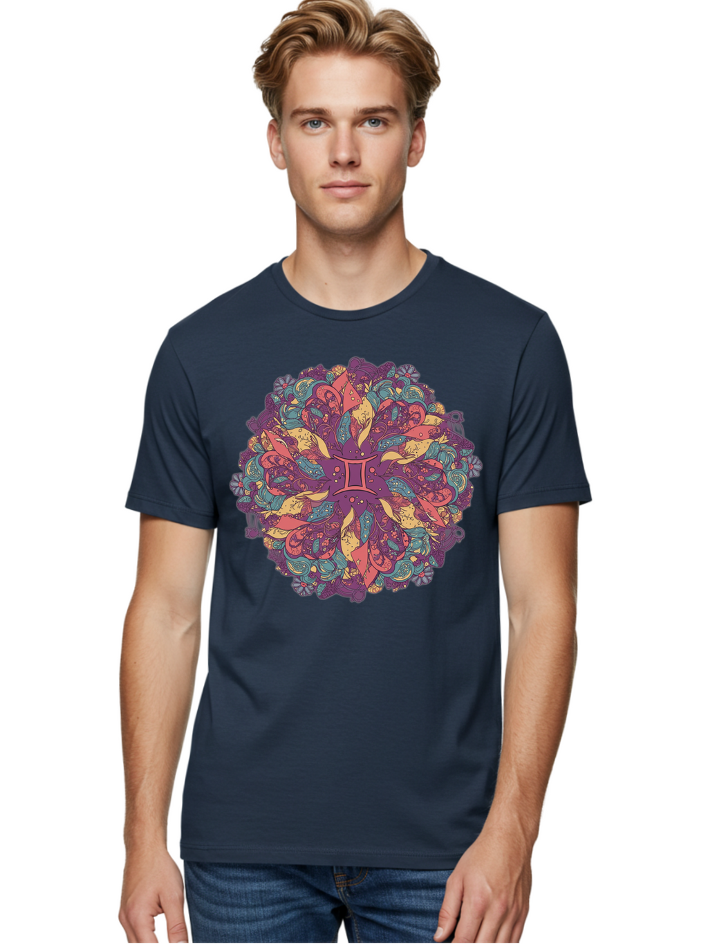 Gemini-Zodiac-Mandala Men'S Graphic Tee, 100% Cotton, Comfortable Casual Summer Wear, Machine Washable, Gemini Zodiac Symbol, Mandala Art, Floral Patterns, Paisley Designs, Purple, Pink, Blue, Yellow Hues, Intricate Details, Bohemian Style, Bae184