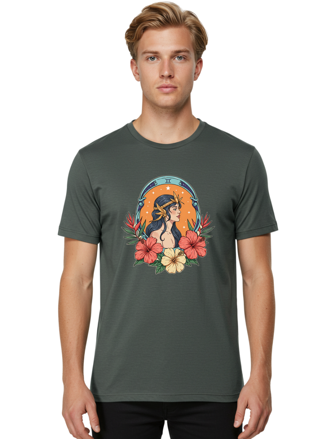 Gemini-Zodiac-Sign Men'S Graphic Tee, 100% Cotton, Comfortable Casual Summer Wear, Machine Washable, Gemini Zodiac Sign, Woman Portrait, Hibiscus Flowers, Stars, Celestial Theme, Astrology, Zodiac Symbols, Mystical, Feminine Beauty Bae185