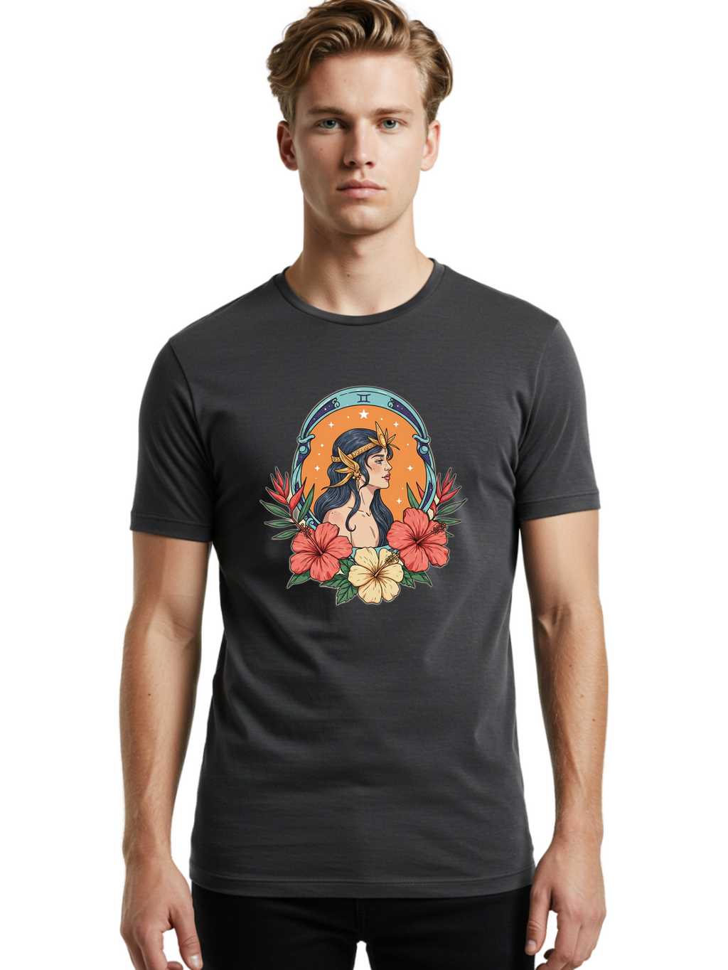 Gemini-Zodiac-Sign Men'S Graphic Tee, 100% Cotton, Comfortable Casual Summer Wear, Machine Washable, Gemini Zodiac Sign, Woman Portrait, Hibiscus Flowers, Stars, Celestial Theme, Astrology, Zodiac Symbols, Mystical, Feminine Beauty Bae185
