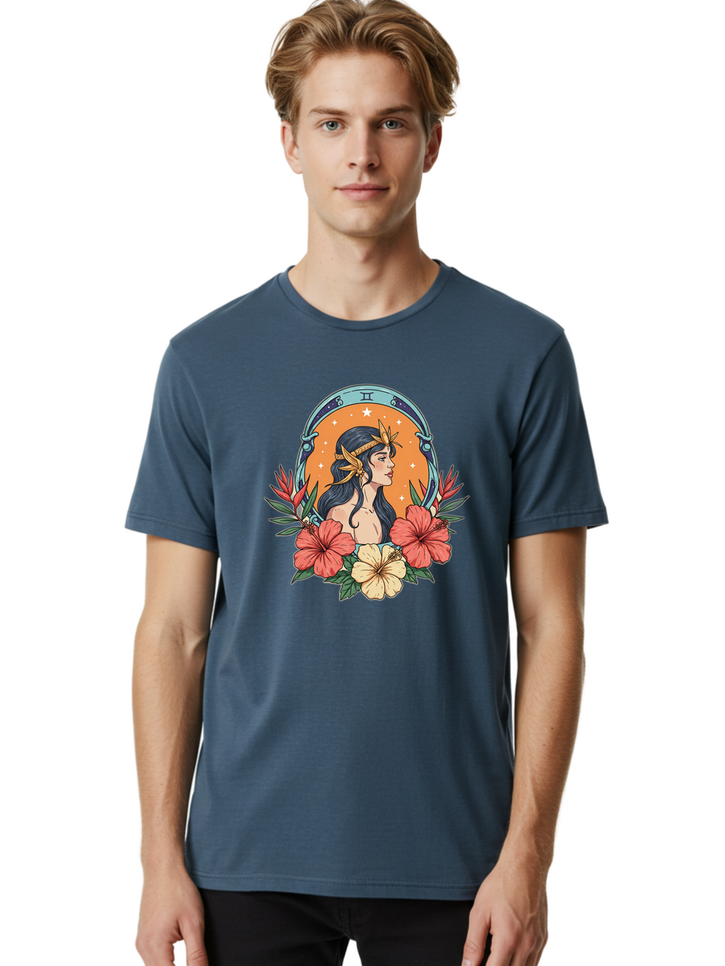 Gemini-Zodiac-Sign Men'S Graphic Tee, 100% Cotton, Comfortable Casual Summer Wear, Machine Washable, Gemini Zodiac Sign, Woman Portrait, Hibiscus Flowers, Stars, Celestial Theme, Astrology, Zodiac Symbols, Mystical, Feminine Beauty Bae185
