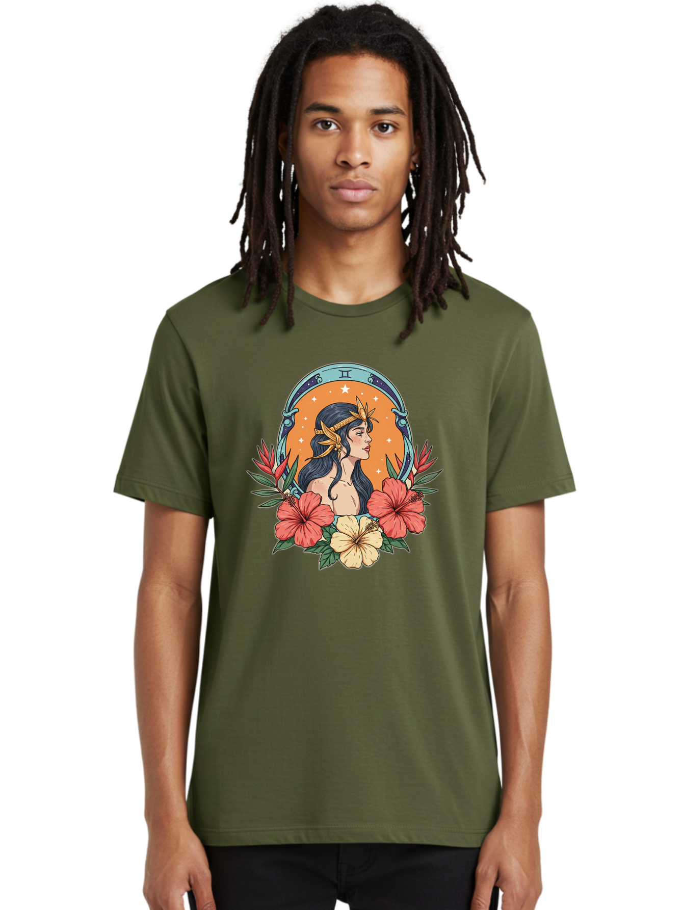 Gemini-Zodiac-Sign Men'S Graphic Tee, 100% Cotton, Comfortable Casual Summer Wear, Machine Washable, Gemini Zodiac Sign, Woman Portrait, Hibiscus Flowers, Stars, Celestial Theme, Astrology, Zodiac Symbols, Mystical, Feminine Beauty Bae185