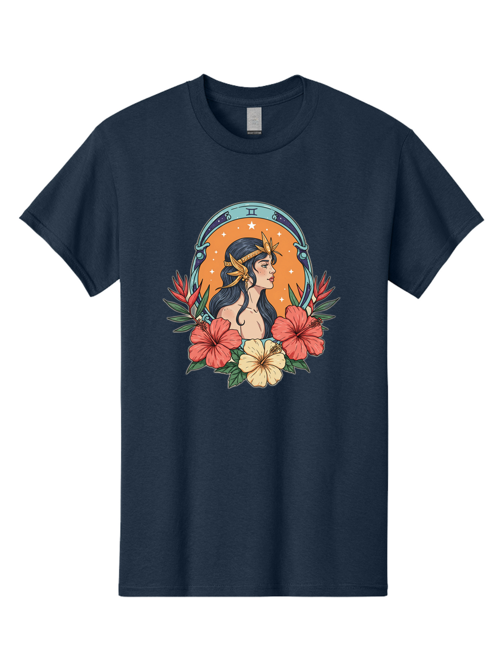 Gemini-Zodiac-Sign Men'S Graphic Tee, 100% Cotton, Comfortable Casual Summer Wear, Machine Washable, Gemini Zodiac Sign, Woman Portrait, Hibiscus Flowers, Stars, Celestial Theme, Astrology, Zodiac Symbols, Mystical, Feminine Beauty Bae185